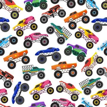 Color seamless pattern with monster trucks, flat cartoon vector illustration. Stock Illustration