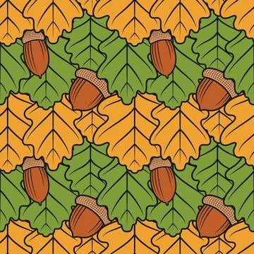 Color seamless pattern with oak leaves and acorns. イラスト素材