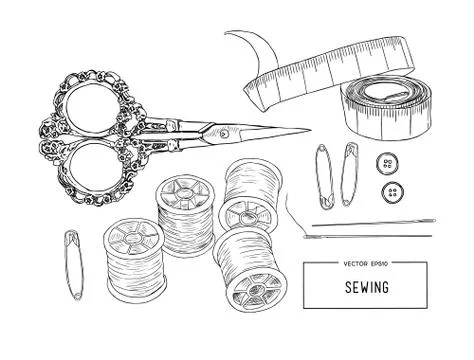 Color set of objects for sewing, sketch tool vector. Stock Illustration