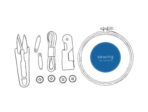 Color set of objects for sewing, sketch tool vector. Stock Illustration