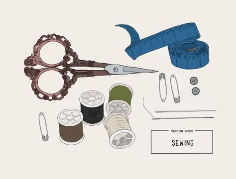 Color set of objects for sewing, sketch tool vector. Stock Illustration