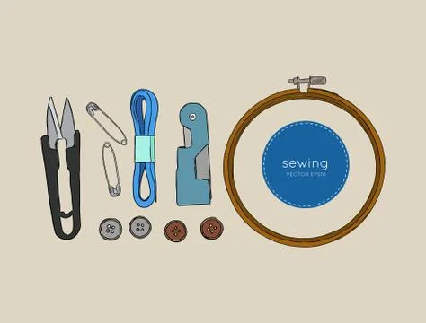 Color set of objects for sewing, sketch tool vector. Stock Illustration