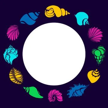 Color set of silhouettes of seashells in circle. Shell, conch, spiral, helix. Stock Illustration