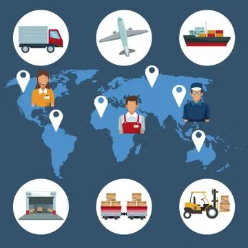 Color silhouette world map background with icons storage logistics and people Stock Illustration