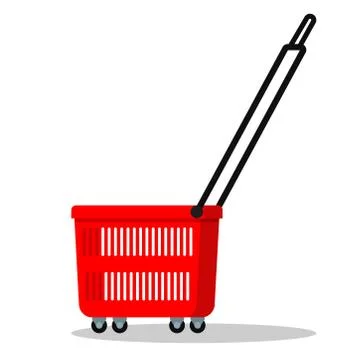 Color simple template icon of red plastic shopping basket with wheels and lon Stock Illustration