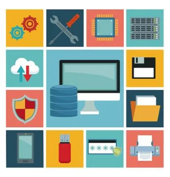 Color square background with set collection technology elements Illustrazione stock