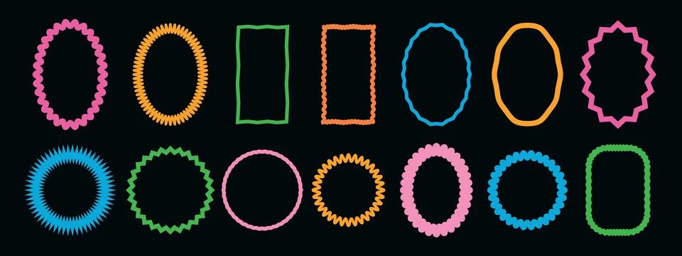 Color squiggle frames set on a black background. Zigzag wavy edges, retro s.. Stock Illustration