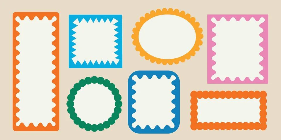 Color squiggle frames set. Zigzag wavy edges, retro squiggle frames, psyche.. Stock Illustration