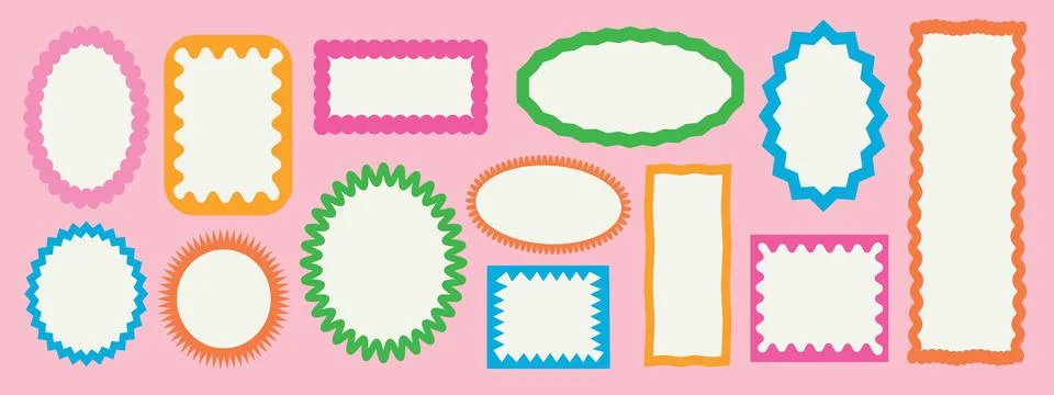 Color squiggle frames set. Zigzag wavy edges, retro squiggle frames, psyche.. Stock Illustration
