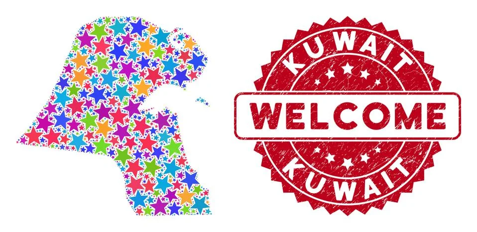 Color Star Kuwait Map Composition and Textured Welcome Seal Stock Illustration