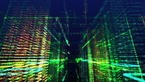 Color Strokes Flying Through the Digital Night City with Numbers and Grids. Stock Footage 105984000