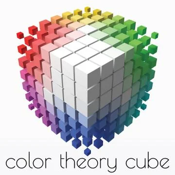 Color theory cube with small cubes on corners. 3d style vector illustration. Stock Illustration