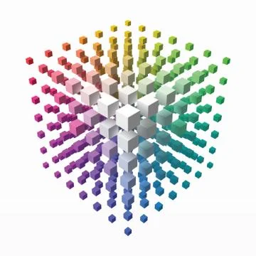Color theory cube with small cubes on corners. 3d style vector illustration. Stock Illustration