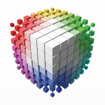 Color theory cube with small cubes on corners. 3d style vector illustration. Stock Illustration