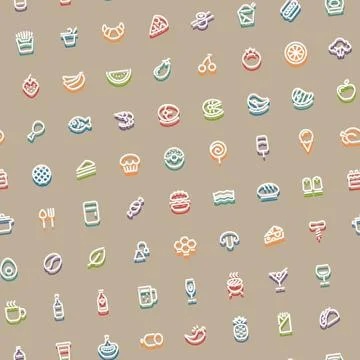 Color Tilted Seamless Pattern with Stroke Food Icons Stock Illustration