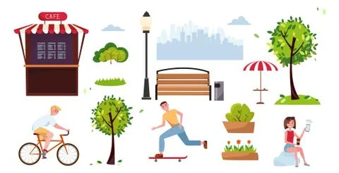Color Urban Park Elements Set for Public Place with sports people, cyclist, s Ilustración de archivo