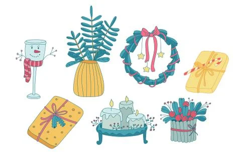 Color vector doodle set with colorful christmas decorations. Stock Illustration