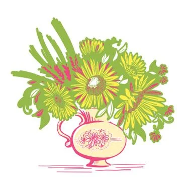 Color vector floristic composition. Vintage bouquet of wildflowers in vase is Stock Illustration