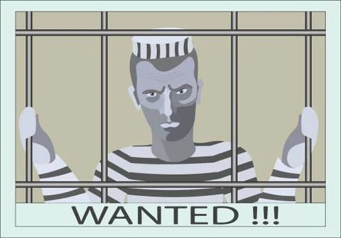 Color vector image. Wanted advertisement. The criminal behind the bars Stock Illustration