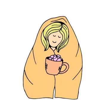 Color vector isolated doodle element, girl with a cocoa mug in her hands, wra Stock Illustration