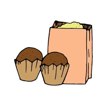 Color vector isolated doodle element, homemade muffins and bag with flour Stock Illustration