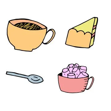 Color vector isolated doodle element, tea party with cake Stock Illustration