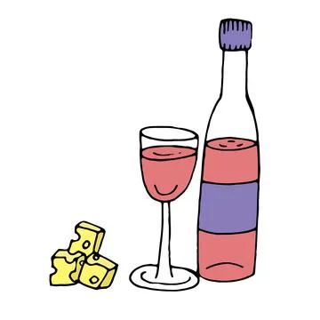 Color vector isolated doodle element, bottle of wine and a glass Stock Illustration
