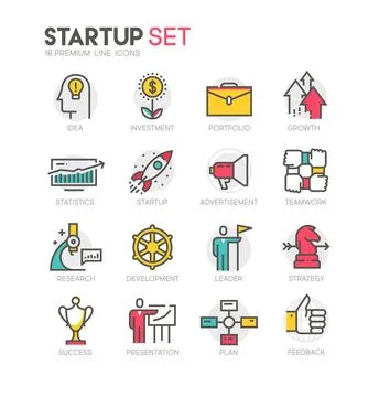 Color vector line icons set of startup Stock Illustration