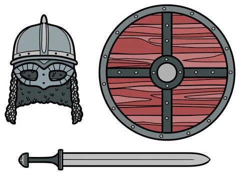 Color vector set of helmet, sword and shield of the scandinavian viking Stock Illustration