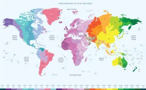 Color worldwide vector map of local time zones Stock Illustration