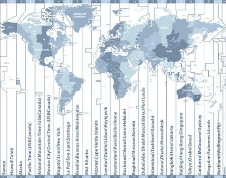 Color worldwide vector map of local time zones Stock Illustration