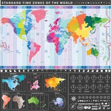 Color worldwide vector map of local time zones Illustrazione stock