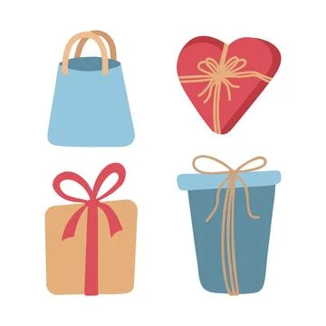 Color wrapping gift box set in flat vector style. Hand drawn vector illustr.. Stock Illustration