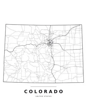 Colorado CO Map Counties Highways Roads Black White Editable Vector Stock Illustration
