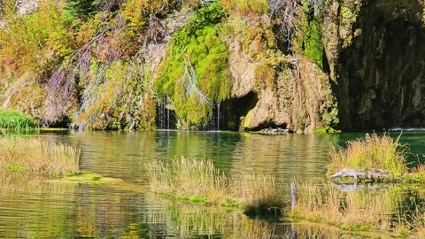 Colorado's Hanging Lake features multiple waterfalls pouring from lush Stock Footage 345811749