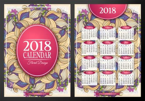 Colored 2018 Year Calendar Rectangular Template, Double-sided Stock Illustration