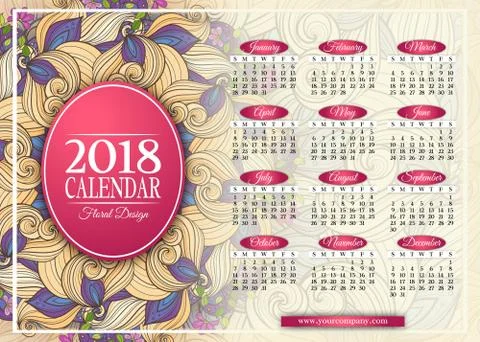 Colored 2018 Year Calendar Rectangular Template Stock Illustration