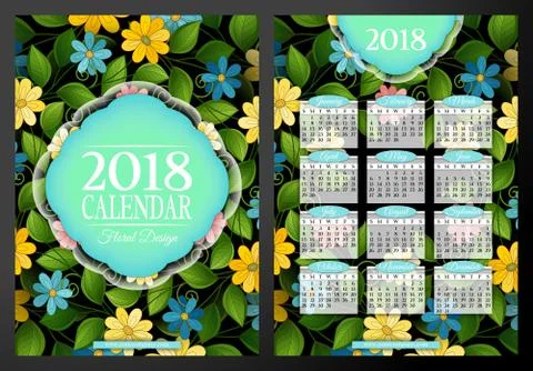 Colored 2018 Year Calendar Rectangular Template, Double-sided Stock Illustration