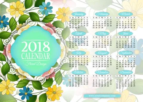 Colored 2018 Year Calendar Rectangular Template Stock Illustration