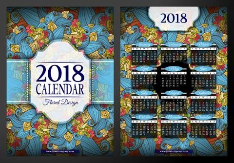 Colored 2018 Year Calendar Rectangular Template, Double-sided Stock Illustration