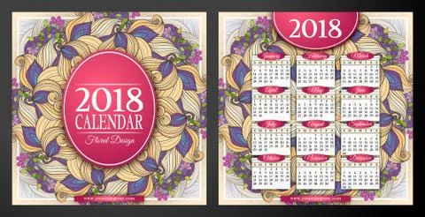Colored 2018 Year Calendar Square Template, Double-sided Stock Illustration