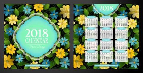 Colored 2018 Year Calendar Square Template, Double-sided Stock Illustration
