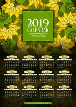 Colored 2019 Year Calendar Rectangular Template Illustrazione stock