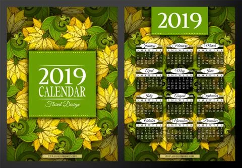 Colored 2019 Year Calendar Rectangular Template, Double-sided Stock Illustration