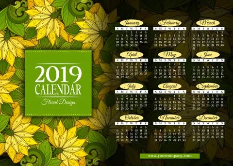 Colored 2019 Year Calendar Rectangular Template Illustrazione stock
