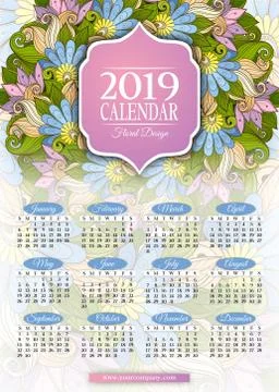 Colored 2019 Year Calendar Rectangular Template Stock Illustration