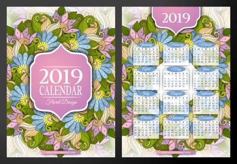 Colored 2019 Year Calendar Rectangular Template, Double-sided Stock Illustration