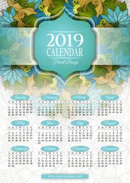 Colored 2019 Year Calendar Rectangular Template Stock Illustration
