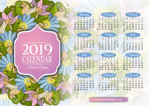 Colored 2019 Year Calendar Rectangular Template Stock Illustration