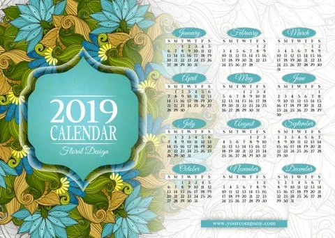 Colored 2019 Year Calendar Rectangular Template Stock Illustration